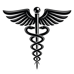 Monochrome Caduceus Symbol Depicting Healing and Medicine with Two Snakes Coiling Around a Staff and Wings at the Top