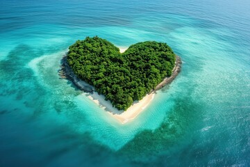 Heart shaped tropical island in turquoise water seen from above