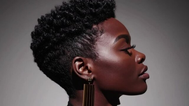 Textured Pixie Cut on Black Model with Bold Accessories in Studio