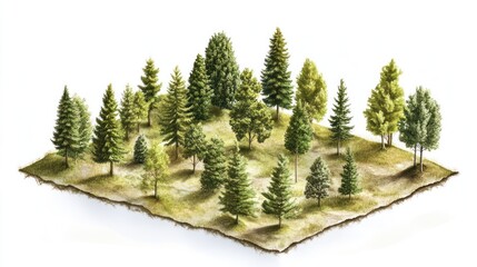 Isometric view of a forest clearing.  Detailed illustration