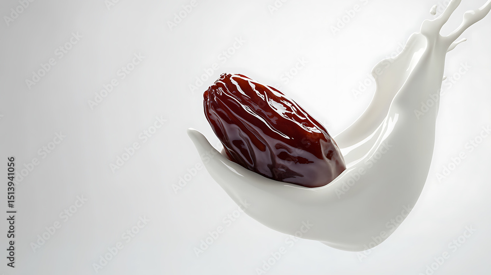 Poster date splash: a single date fruit plunges into a creamy liquid, creating dynamic motion and a minimal