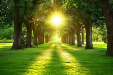 Sunlight Through Tree Tunnel in Lush Green Park Landscape at Sunrise