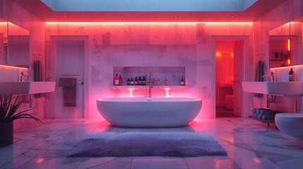 Luxury Bathroom with Red and Pink Lighting Color Theme Design