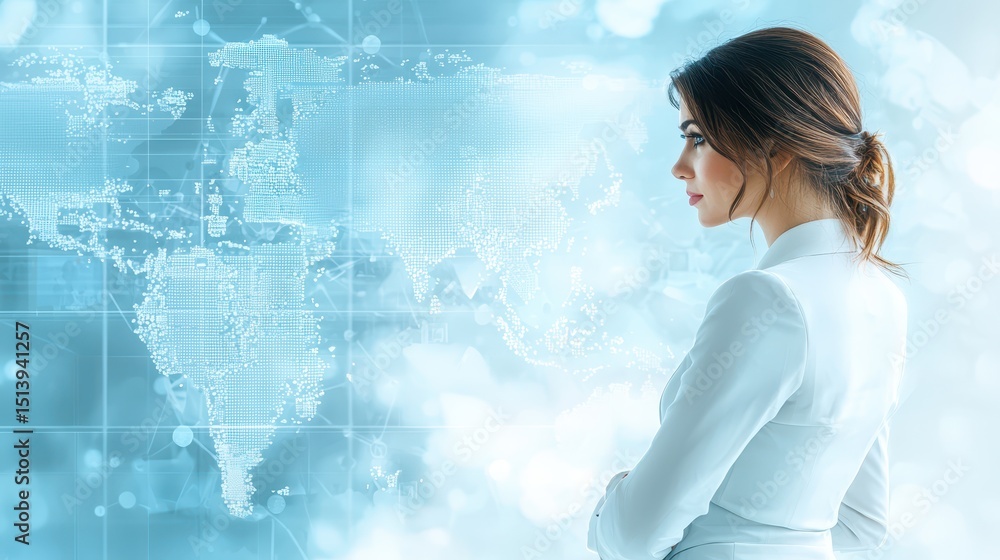 Poster business confident portrait concept. professional woman analyzing data with a global map in the back