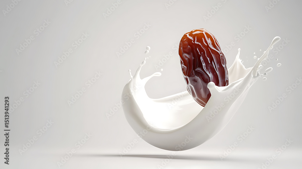 Poster date fruit splash: a glossy date is captured in mid-air, surrounded by a burst of creamy white liqui