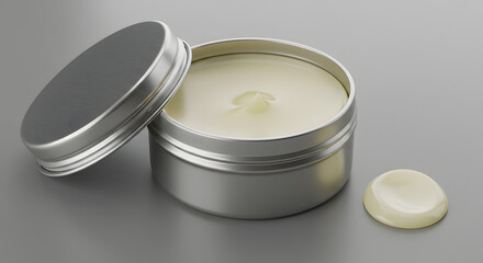 Moisturizing body balm in tin container with glossy texture