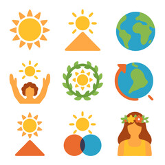 June solstice icons featuring nine sun globe and people illustrations, ideal for summerthemed designs and seasonal celebrations marketing materials.