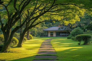 Peaceful Japanese Garden Path Leading to Traditional Teahouse Surrounded by Green Trees