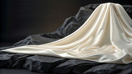 Naklejka premium Elegant white silk fabric draped over textured dark stone surface with dramatic lighting