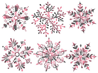 Hand Painted Snowflakes and Hearts Scandinavian Style Christmas Set Illustration