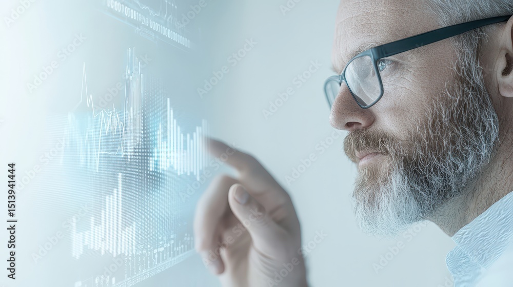 Aufkleber business confident portrait concept. Professional analyzing data on a futuristic touchscreen interface.
