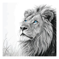lion in black and white with blue eyes