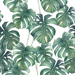 Jungle summer print. Watercolor seamless pattern with palm leaves on white background. Hand drawn illustration
