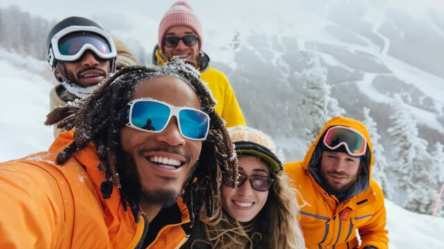 A group of friends pause for a fun selfie during their ski trip. Snow covered slope. Friends together, share smiles and memories, capturing the spirit of winter and adventure.
