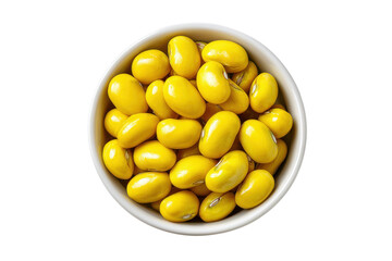 Yellow Candy in Bowl: A delightful top-down view of a bowl brimming with shiny, yellow jelly beans. The vibrant color and glossy finish create a tempting visual appeal.