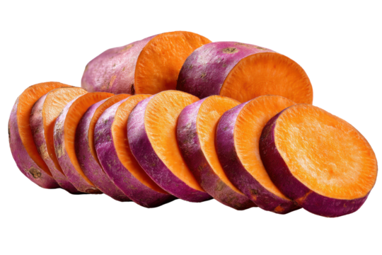 Sliced Sweet Potato: A vibrant, photorealistic image of sliced sweet potatoes, showcasing the striking contrast between the purple skin and the bright orange flesh.