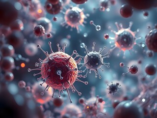 Microscopic virus in red and blue tones.