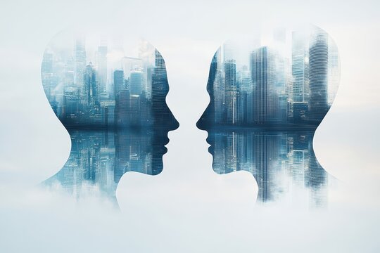 business talking background concept. Silhouettes of two heads with a cityscape overlay reflecting connection and urban life.