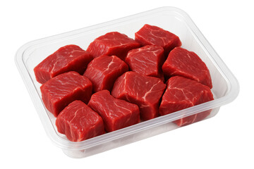 Freshly Cut Beef Cubes: Close-up shot of perfectly cubed raw beef, ready for cooking, isolated on transparent or white background, png. 
