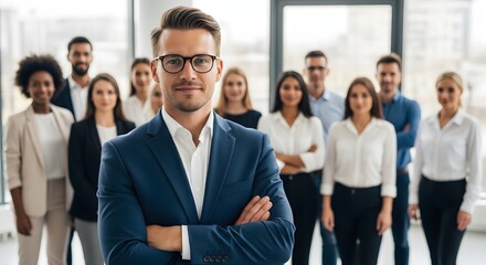 Obraz premium Confident business leader poses with arms crossed, in front of his successful team. This image conveys leadership, unity, and a strong professional image.