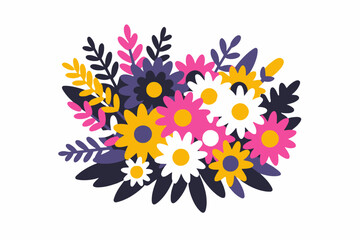 Colorful Daisy Bouquet Illustration - Vibrant Floral Arrangement with Pink, Yellow, and White Flowers - Cheerful Springtime Design Element for Art and Decor