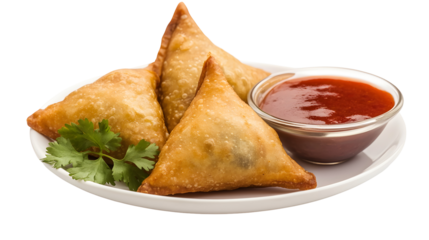 Fried Samosas with Red Chutney and Cilantro on a White Plate