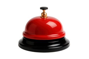 Reception Bell: A classic reception bell sits elegantly, its glossy red dome contrasted by a sleek black base, isolated on transparent or white background, png. 
