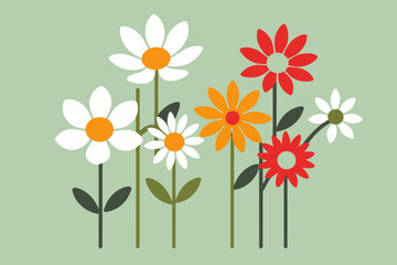 Naklejka premium Colorful Daisy Flower Vector Graphic- Illustration of White, Red, and Orange Flowers on Light Green Background- Cheerful Spring and Summer Floral Design