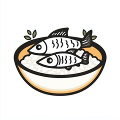 Delicious bowl of rice topped with two stylized fish and garnished with leaves at a casual dining setting
