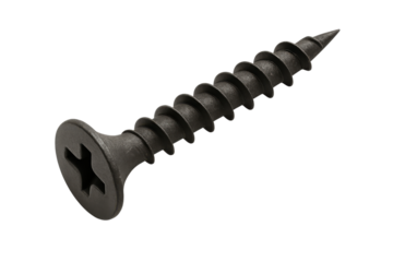 Screw's precision and design: an up-close shot showcases the intricate details of a black screw, highlighting its sharp point, distinct threads, isolated on transparent or white background, png. 
