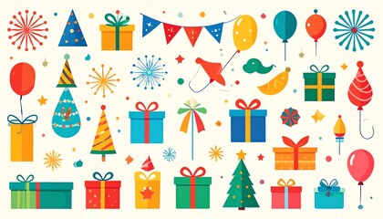 Festive Celebration Icons: A Colorful Collection for Holidays and Parties