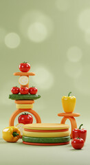 3D render of vegetables on a  podium. Wallpaper background photo for vegetarian, healthy life campaign.