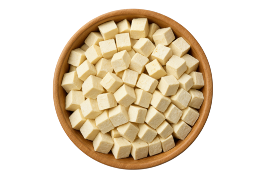 Diced Tofu in Bowl: An overhead view of perfectly diced tofu cubes filling a rustic wooden bowl, isolated on transparent or white background, png. 
