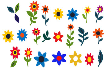 Colorful Floral Illustration with Cartoon Flowers and Leaves - Bright and Cheerful Design for Spring - Vector Graphic with Red, Orange, Yellow, and Blue Flowers on White Background