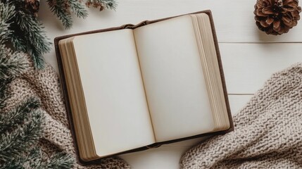 Fototapeta premium Creating a cozy reading space with an open book winter decor lifestyle indoor top-down view relaxation concept
