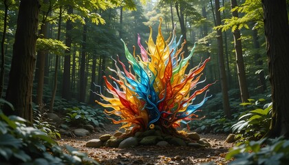 Colorful Glass Sculpture in a Forest Setting