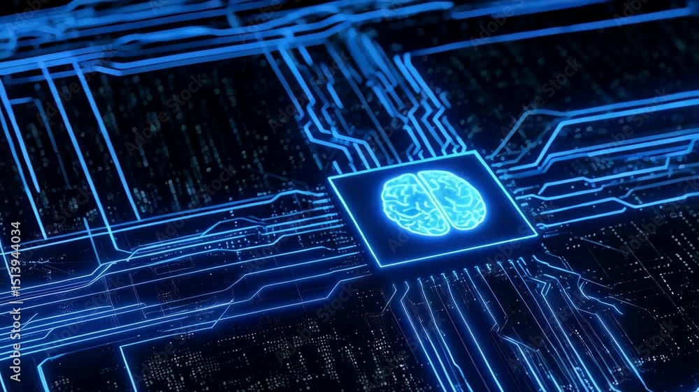 Poster glowing human brain on a microchip with intricate electrical circuit patterns for artificial intelli