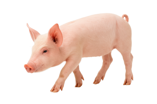 Piglet Walking: An adorable pink piglet strides confidently across a white background, capturing its innocent charm and playful nature, isolated on transparent or white background, png. 

