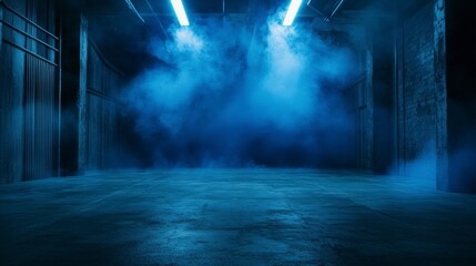 Dark blue smoky industrial interior with fluorescent lights.