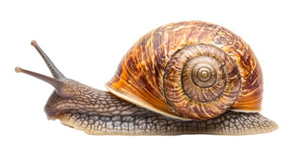 Brown Garden Snail Crawling Left on White Background