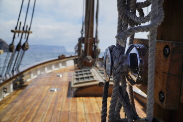 Schooner sailing on a summer day rigging of a sailing vessel