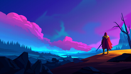 Epic Fantasy Landscape with Warrior Under Colorful Sky