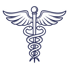 Elegant Caduceus Symbol A Timeless Emblem of Medicine and Healing Featuring Two Snakes Coiled Around a Staff with Wings Rendered in Dark Blue Lines