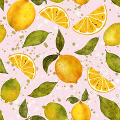 Seamless hand-drawn watercolor lemon pattern with slices and leaves and watercolor splashes on rose background. Print or fabric, packaging, wallpaper, and stationery. Fresh high-resolution design.