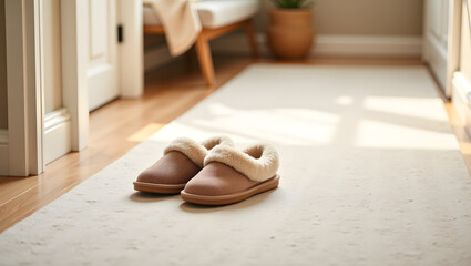 Old slippers on rug in cozy home interior with natural light  