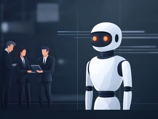 business talking background concept. A robot stands beside business professionals discussing in a modern office setting.