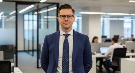 Obraz premium A confident businessman in a blue suit and glasses stands in a modern office setting, projecting an image of professionalism and success. 