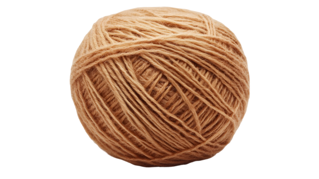 Neatly Rolled Light Brown Yarn Ball on White Background