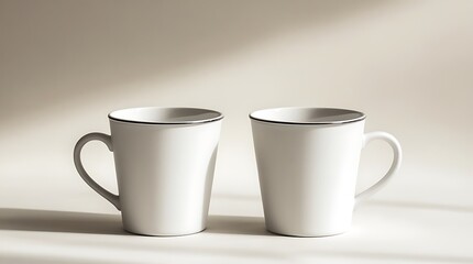 Two minimalist white coffee mugs with silver trim arranged in a clean neutral composition