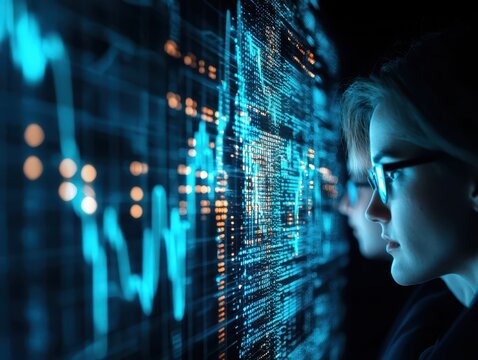 business talking background concept. Focused individual analyzing digital data trends on a futuristic interface